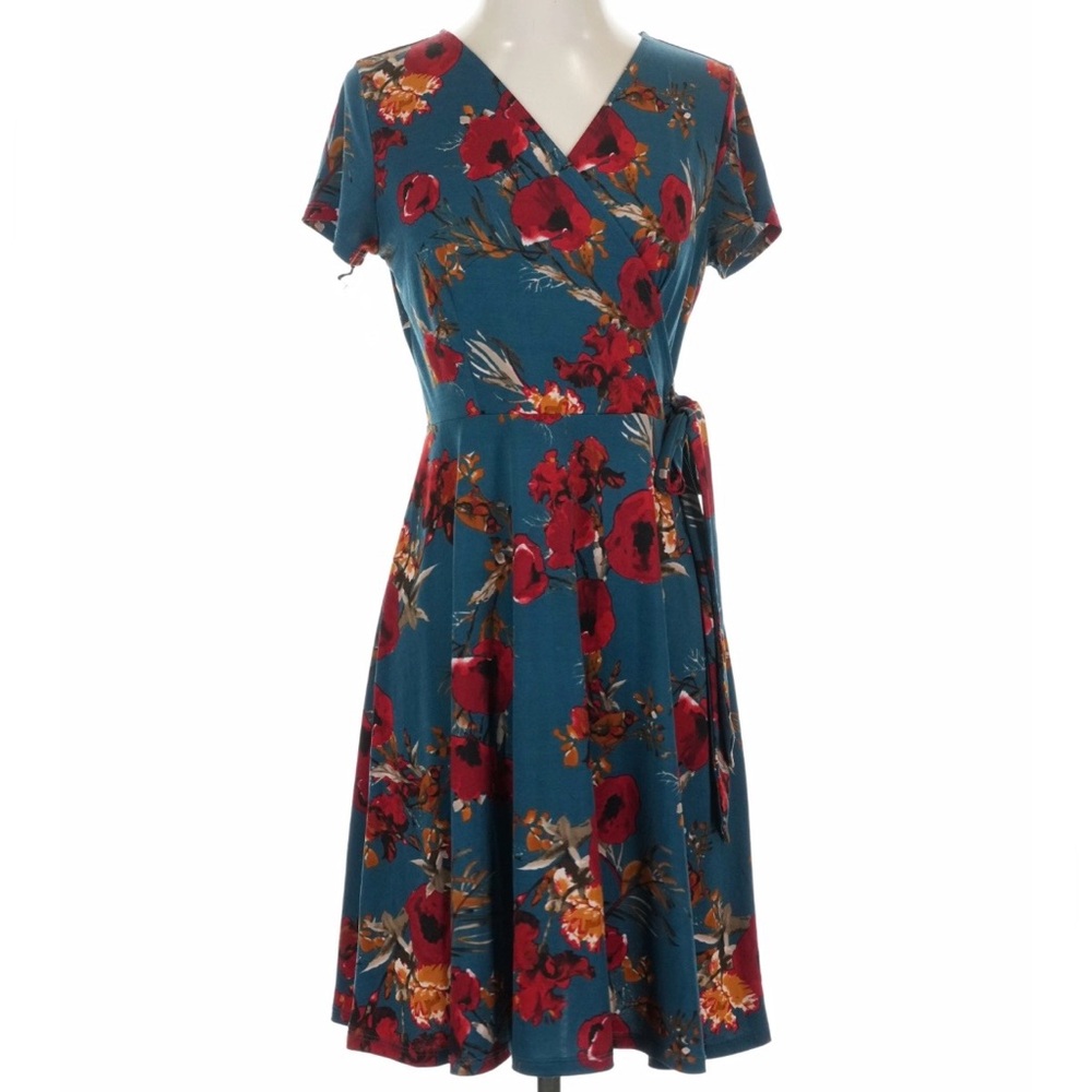 Kaleigh Arnett Floral Faux Wrap Knit Dress Knee Length Size Cottagecore Large